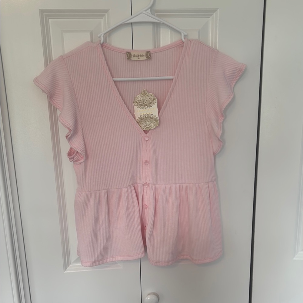 Altar'd State Pink Peplum Blouse with Ruffle Sleeves
